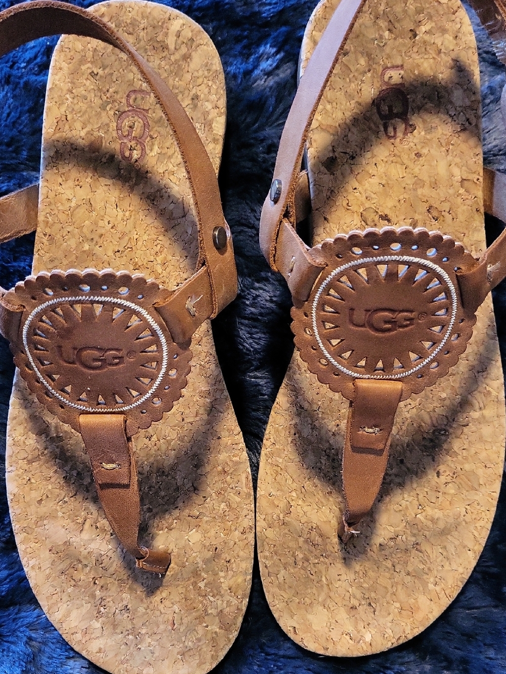 UGG Brown Cork Thong Sandals with Logo Medallion Wo's Size 8